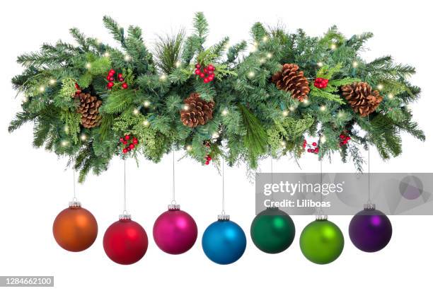 christmas garland with baubles isolated - christmas garland stock pictures, royalty-free photos & images