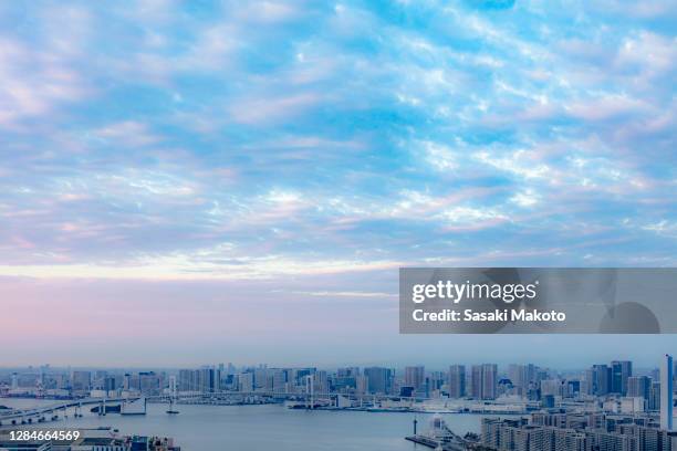 morning distant view of tokyo harbor from toyosu district - harumi district tokyo stock pictures, royalty-free photos & images