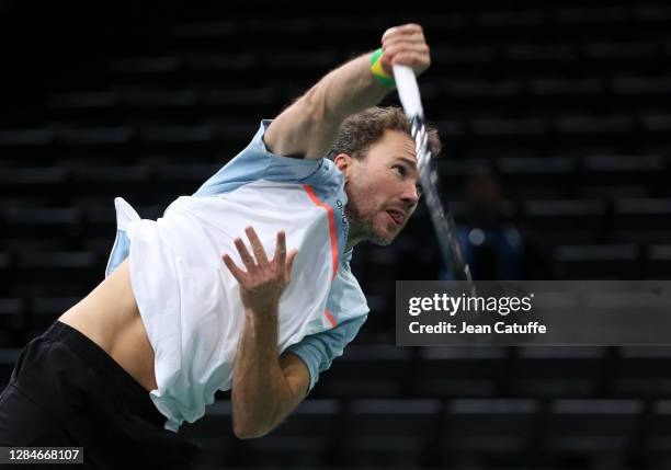 Bruno Soares of Brazil during the men's doubles final on day 7 of the Rolex Paris Masters, an ATP Masters 1000 tournament held behind closed doors at...