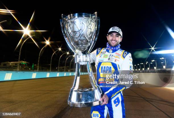 Chase Elliott, driver of the NAPA Auto Parts Chevrolet, poses for a photo after winning the NASCAR Cup Series Season Finale 500 and the 2020 NASCAR...