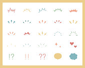 A set of handwritten icons that show surprises, inspiration, awareness, attention, points, etc.