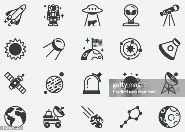 space,ufo,moon,sun,outer space pixel perfect icons - space shuttle stock illustrations