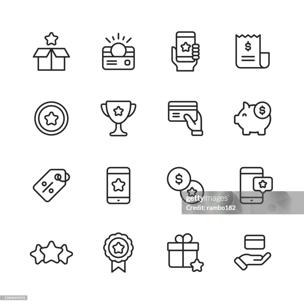 Treueprogramm-Liniensymbole. Bearbeitbarer Strich. Pixel perfekt. Für Mobile und Web. Enthält Symbole wie Geschenkbox, Treuekarte, Geld, Sparen, Marketing, Kundenerfahrung, Zahlungen, Piggy Bank, Promotion, Fünf-Sterne-Bewertung, Kreditkarte, Einkaufen.