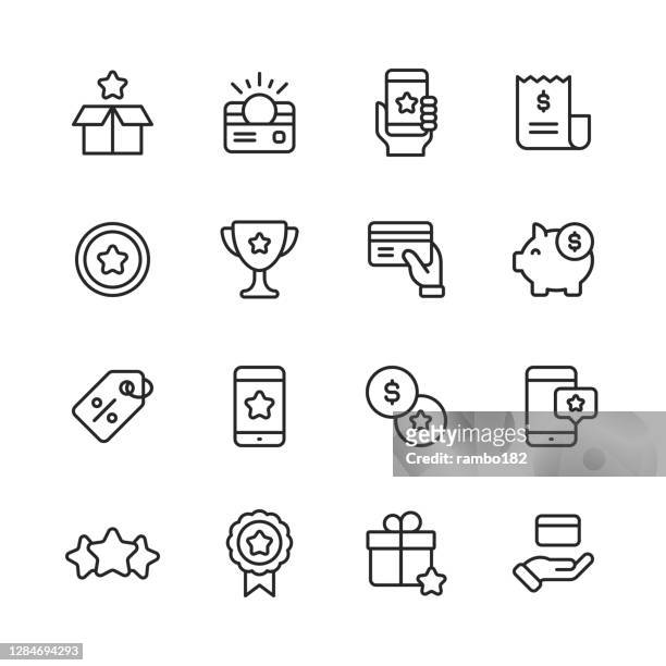 loyalty program line icons. editable stroke. pixel perfect. for mobile and web. contains such icons as gift box, loyalty card, money, savings, marketing, customer experience, payments, piggy bank, promotion, five star rating, credit card, shopping. - award stock illustrations