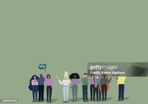 group of young people supporting different topics, ethnicity and professions on a green background - chef demonstration stock illustrations