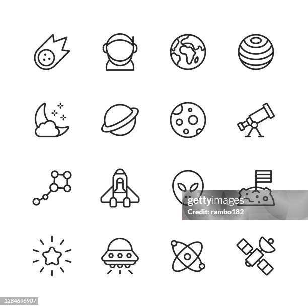 space line icons. bearbeitbarer strich. pixel perfekt. für mobile und web. enthält symboleweise komet, asteroid, astronaut, raumanzug, planet erde, kosmos, stern, teleskop, galaxie, raumschiff, reisen, mondlandung, alien, künstliche intelligenz, rakete. - meteor weltall stock-grafiken, -clipart, -cartoons und -symbole