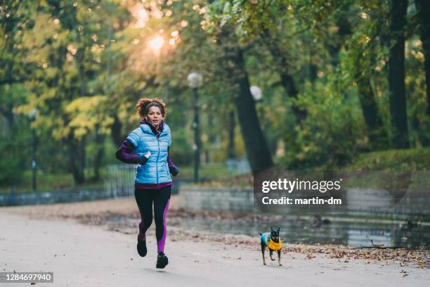 joggen onder de natuur - zwart jak stockfoto's en -beelden