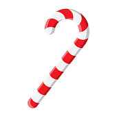 Candy cane illustration isolated on white background. Red lollipop with stripes. Peppermint stick. Christmas ornament symbol design. Vector cartoon clip art in eps 10 format.