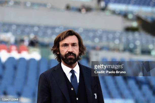 Juventus head coach Andrea Pirlo looks on during the Serie A match between SS Lazio and Juventus at Stadio Olimpico on November 8, 2020 in Rome,...