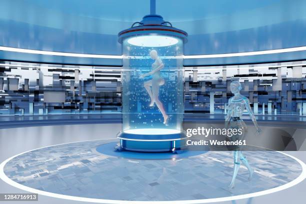 3d rendered illustration of woman transferring her consciousness into gynoid in regeneration tank - station stock illustrations