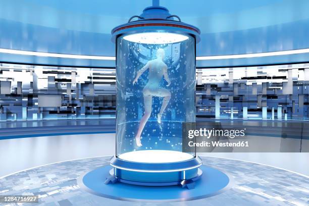 3d rendered illustration of gynoid being created in regeneration tank at illuminated laboratory - endless stock-grafiken, -clipart, -cartoons und -symbole