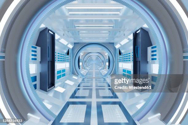 ilustraciones, imágenes clip art, dibujos animados e iconos de stock de 3d rendered illustration of illuminated futuristic spaceship corridor - vehículo espacial