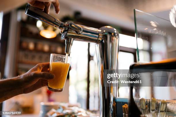 bartender pouring beer in glass at cafe - craft beer imagens e fotografias de stock