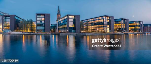 denmark, copenhagen, panorama of christianshavn district waterfront at dusk - christianshavn stock pictures, royalty-free photos & images