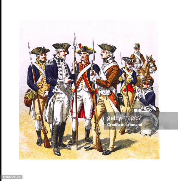 antique illustration of american uniforms in the revolutionary war - revolutionary war soldier stock-fotos und bilder