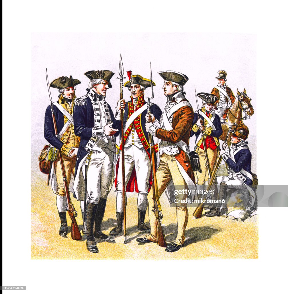 Antique Illustration of American Uniforms in the Revolutionary War