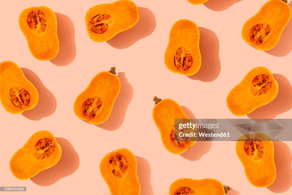Pattern of halved butternut squashes