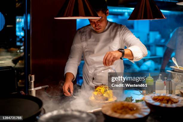 male chef preparing food in kitchen at restaurant - tablett mit haube stock-fotos und bilder