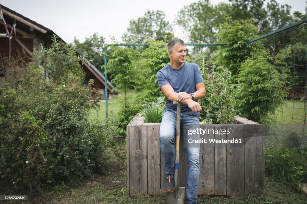 Smiling handsome man holding spade looking away while leaning on wooden raised bed at vegetable garden