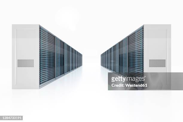 illustrazioni stock, clip art, cartoni animati e icone di tendenza di 3d rendered illustration of server racks against white background - centro elaborazione dati
