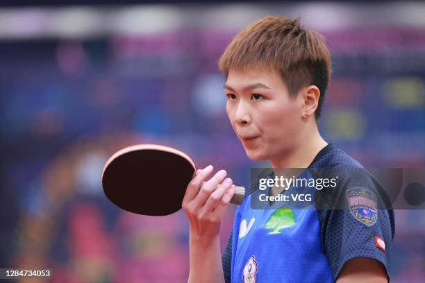 Chen Szu-Yu of Chinese Taipei reacts in the Women's Singles quarterfinal match against Mima Ito of Japan on day two of the 2020 ITTF Women's World...