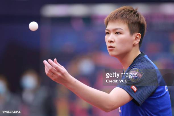 Chen Szu-Yu of Chinese Taipei reacts in the Women's Singles quarterfinal match against Mima Ito of Japan on day two of the 2020 ITTF Women's World...
