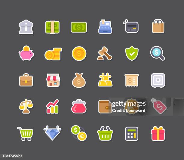 flat shopping sticker icons - sticker stock illustrations