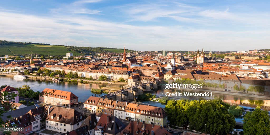 Germany, Bavaria, Wurzburg, Panorama of Alte Mainbrucke and surrounding buildings