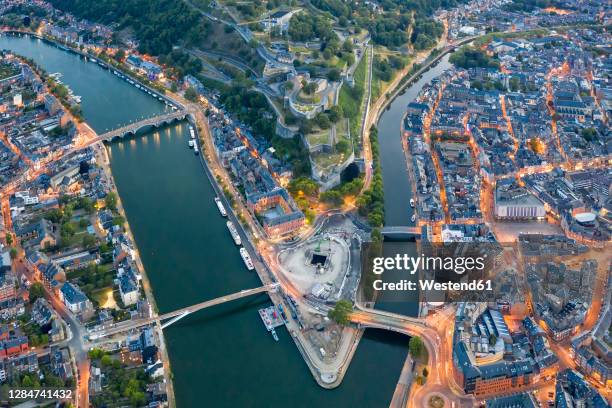 belgium, namur province, namur, aerial view of confluence of sambre and meuse rivers in middle of city - belgium canal stockfoto's en -beelden