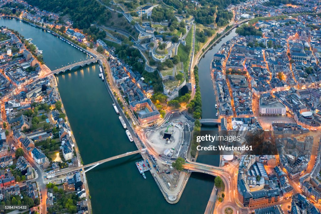 Belgium, Namur Province, Namur, Aerial view of confluence of Sambre and Meuse rivers in middle of city