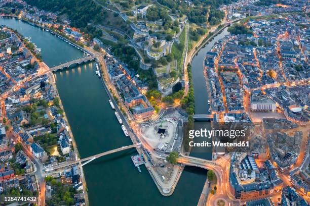 belgium, namur province, namur, aerial view of confluence of sambre and meuse rivers in middle of city - namur stock pictures, royalty-free photos & images