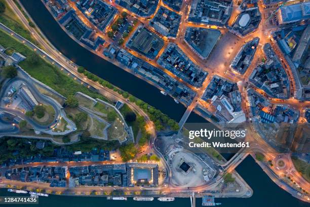 belgium,namurprovince, namur, aerial view of confluence ofsambreand meuse rivers in middle of city - belgium aerial stock pictures, royalty-free photos & images