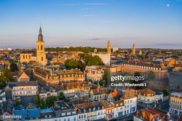 france, nord, cambrai, aerial view of city at dusk - cambrai stock pictures, royalty-free photos & images