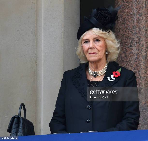 Camilla, Duchess of Cornwall attends the National Service of Remembrance at The Cenotaph on November 8, 2020 in London, England. Remembrance Sunday...