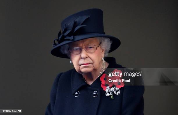 Queen Elizabeth II attends the National Service of Remembrance at The Cenotaph on November 8, 2020 in London, England. Remembrance Sunday services...