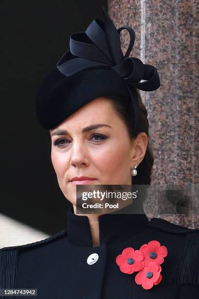 Catherine, Duchess of Cambridge attends the National Service of Remembrance at The Cenotaph on November 8, 2020 in London, England. Remembrance...