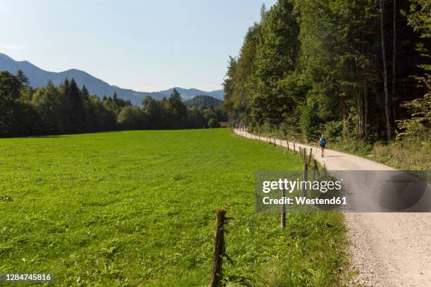 dirt road stretching along empty pasture in summer - lenggries stock-fotos und bilder