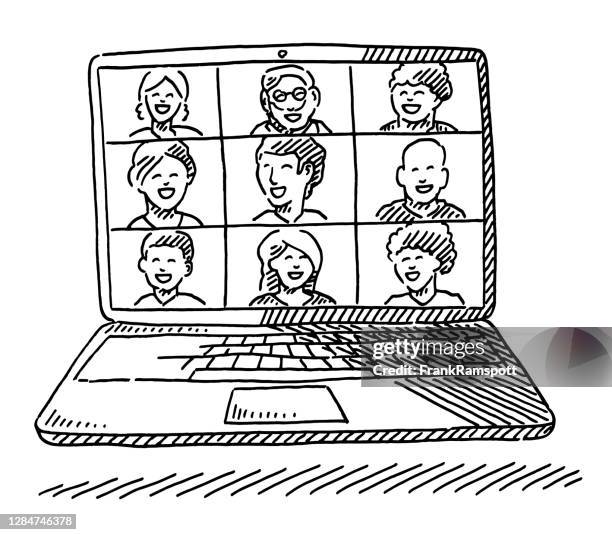 online team meeting laptop-zeichnung - team sketch stock-grafiken, -clipart, -cartoons und -symbole