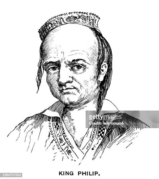 portrait of metacomet, king philip - metacomet king philip stock pictures, royalty-free photos & images