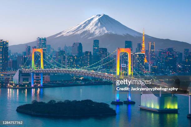 mt. fuji and tokyo skyline - fuji stockfoto's en -beelden