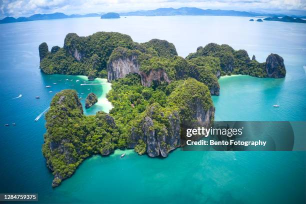 aerial view of hong island, krabi province, thailand. - longtailboot stockfoto's en -beelden