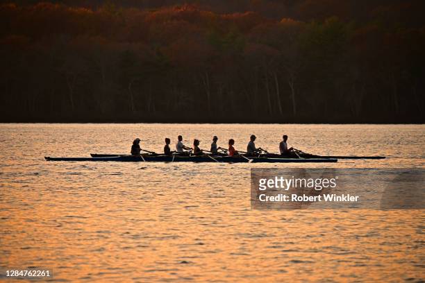 co-ed rowing on lake at sunset - crew rowing stock pictures, royalty-free photos & images