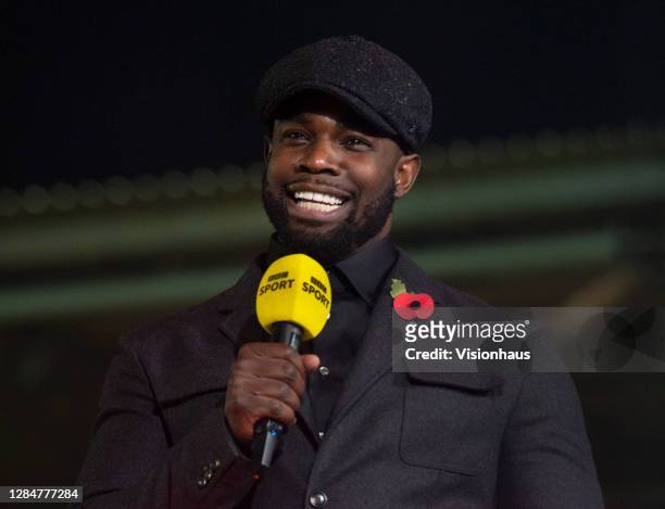 Sport presenter Micah Richards talks live on the BBC before the Emirates FA Cup match between F.C. United of Manchester and Doncaster Rovers at...