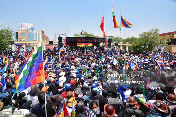 Hundreds of supporters of Former president of Bolivia Evo Morales gather to welcome him after crossing the border between Bolivia and Argentina after...