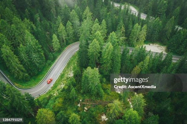 aerial perspective of car driving up a wet road through the forest - italian landscape stock pictures, royalty-free photos & images