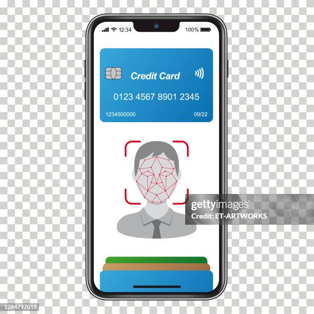 stockillustraties, clipart, cartoons en iconen met elektronische portefeuille draadloos op telefoon met gezichtsidentificatie - biometrie