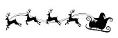 Santa Claus riding sleigh pulled by reindeers. Vector Christmas black and white illustration.