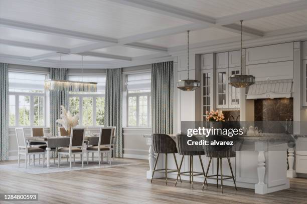 cocina y comedor generados digitalmente en una gran casa - madera noble fotografías e imágenes de stock