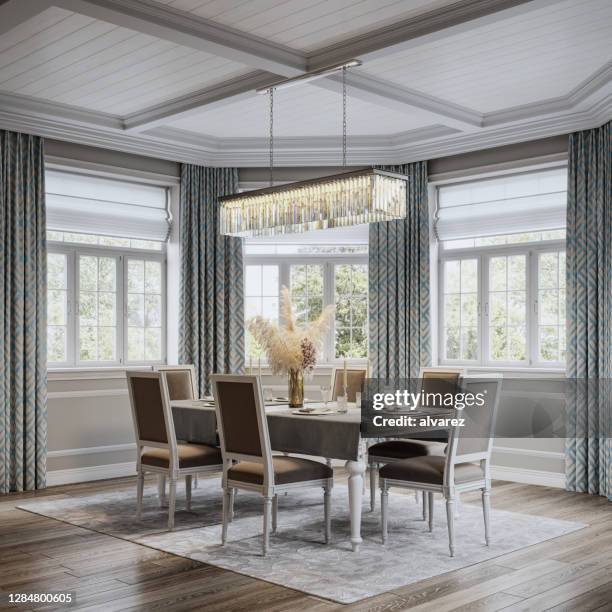 beautiful digitally generated dining table in a large cottage house - traditional home interior stock pictures, royalty-free photos & images