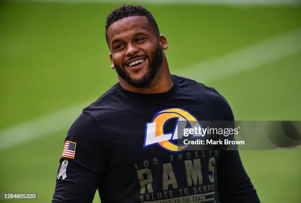 Aaron Donald of the Los Angeles Rams looks on prior to the game against the Miami Dolphins at Hard Rock Stadium on November 01, 2020 in Miami...